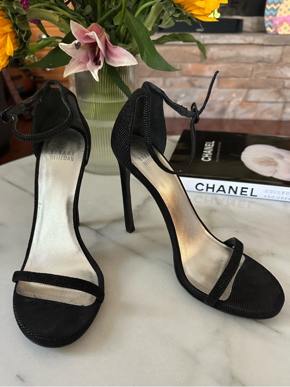 Stuart Weitzman Black Ankle-Strap Stiletto Sandals with Single Toe Band